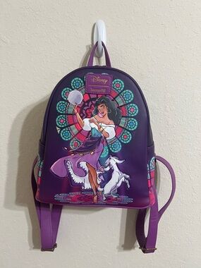 Loungefly Purple Esmeralda Mini Backpack with Colorful Stained-Glass Art